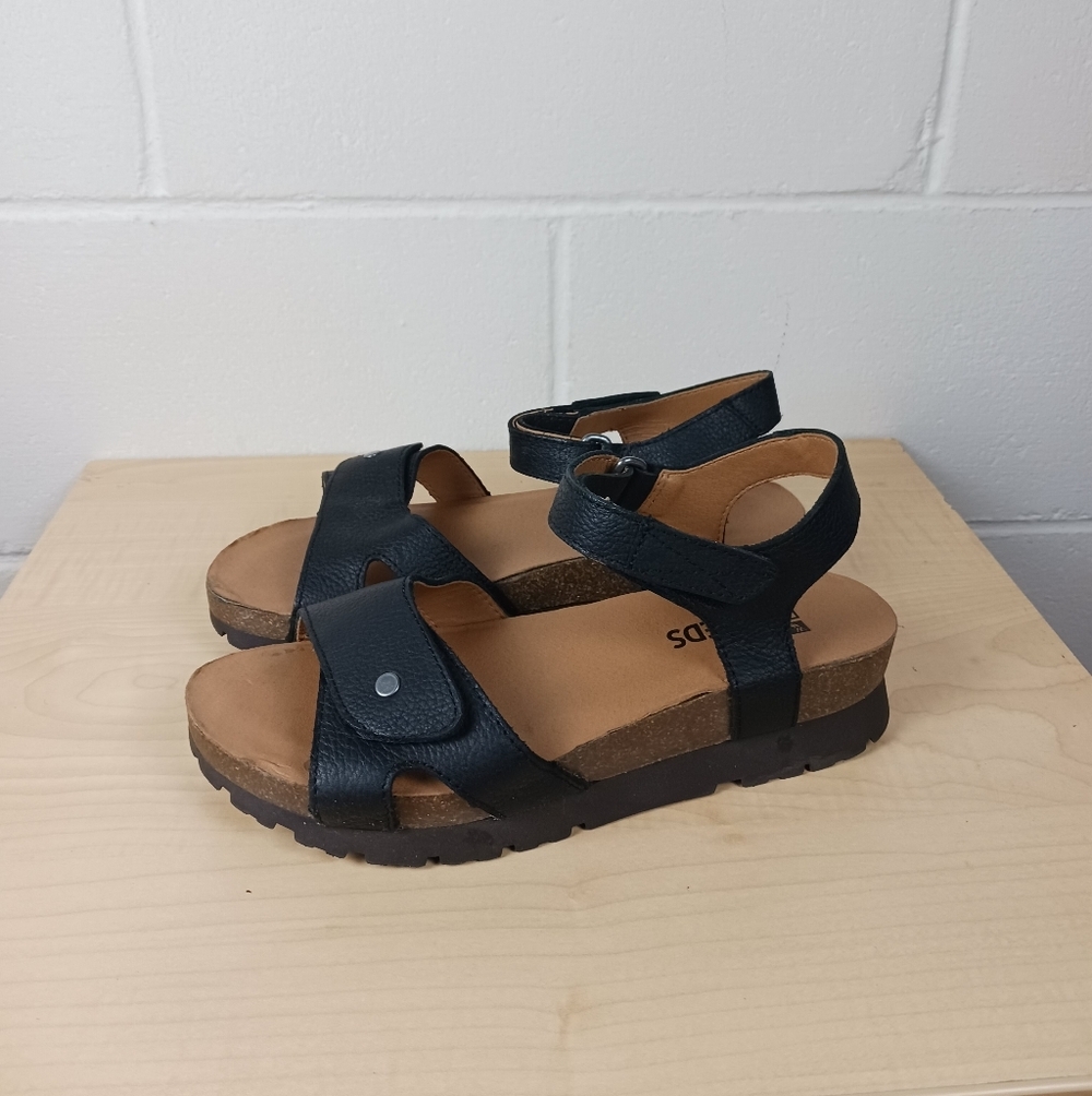 White Mountain Footbeds  Wedge‎ Heel Sandals Black Leather Size 8 Womens